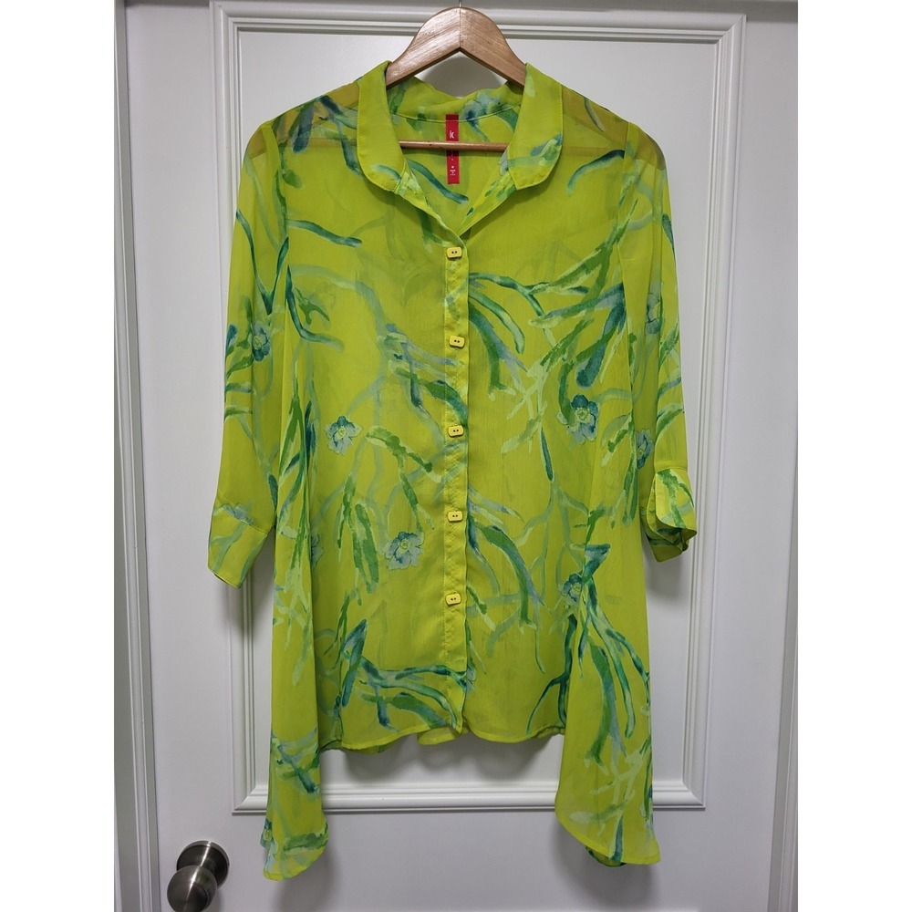 IC By Connie K Lime Green Aqua Sheer Asymmetrical Button Up Artsy Tunic Top Sz M